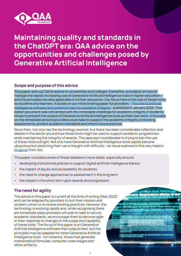 Maintaining quality and standards in the ChatGPT era: QAA advice on the opportunities and challenges posed by Generative Artificial Intelligence